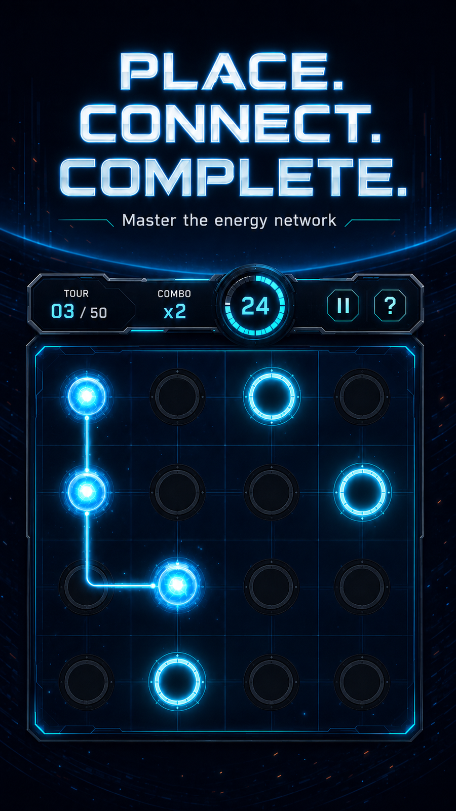 Neon Network core gameplay screenshot showing Tour 03 of 50, combo x2, timer, glowing dots and target sockets